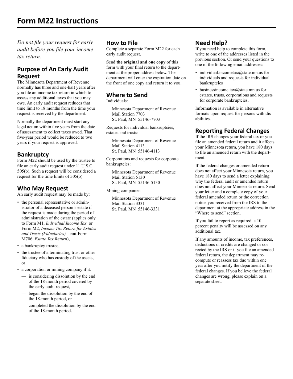 Form M22 Request for Early Audit of Minnesota Income Tax Return(S) - Minnesota, Page 2