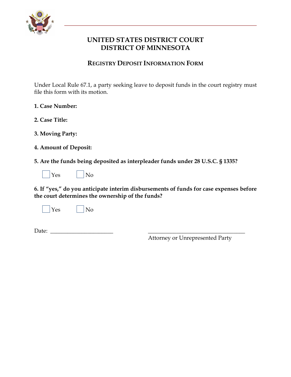 Registry Deposit Information Form - Minnesota, Page 1