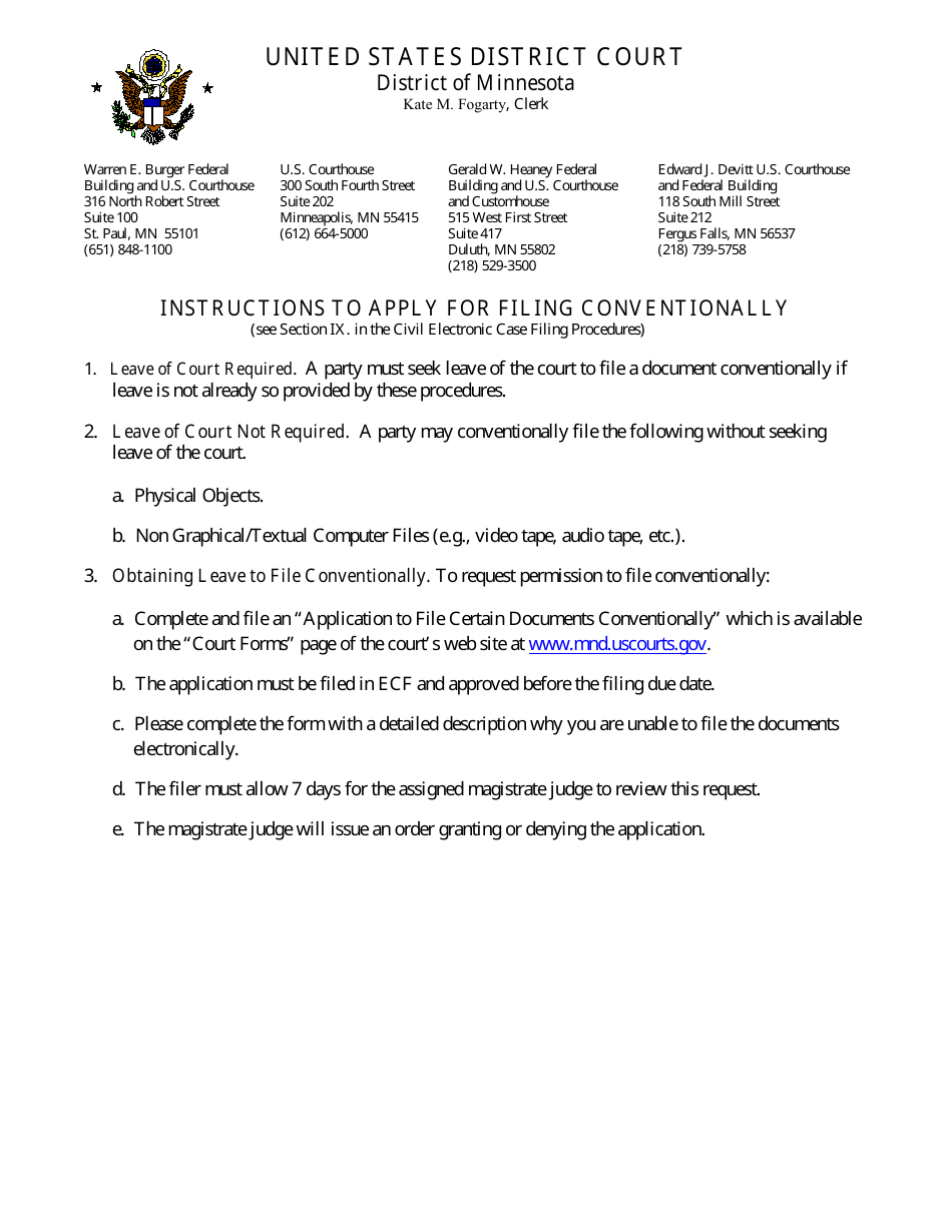 Instructions for Application to File Certain Documents Conventionally - Minnesota, Page 1