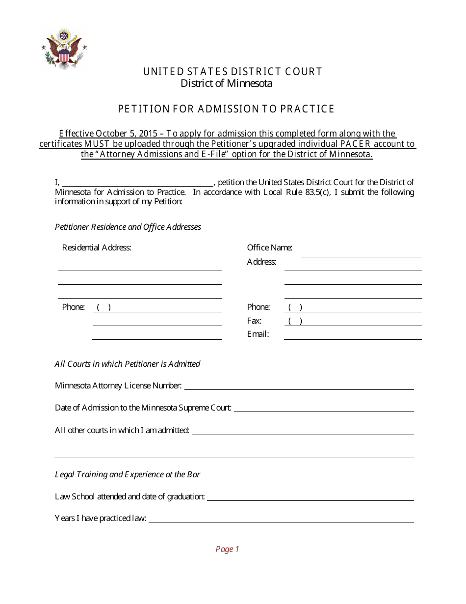 Petition for Admission to Practice - Minnesota, Page 1