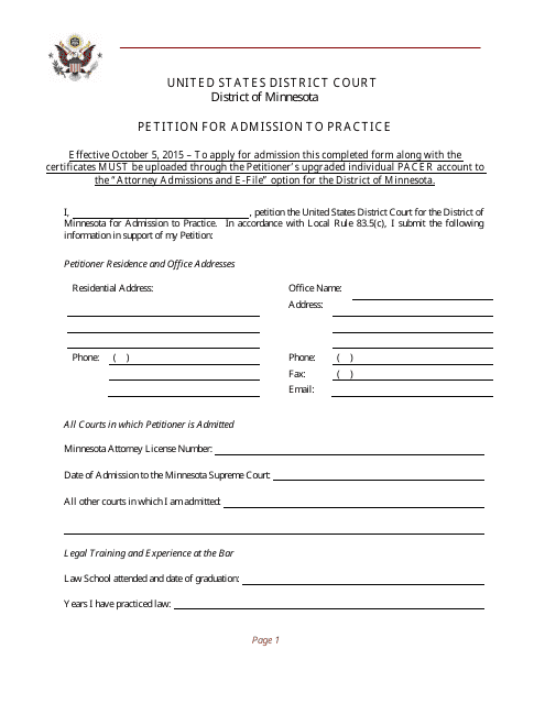 Petition for Admission to Practice - Minnesota Download Pdf
