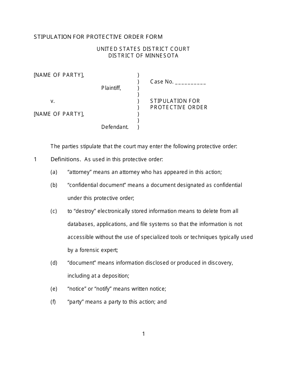 Stipulation for Protective Order - Minnesota, Page 1