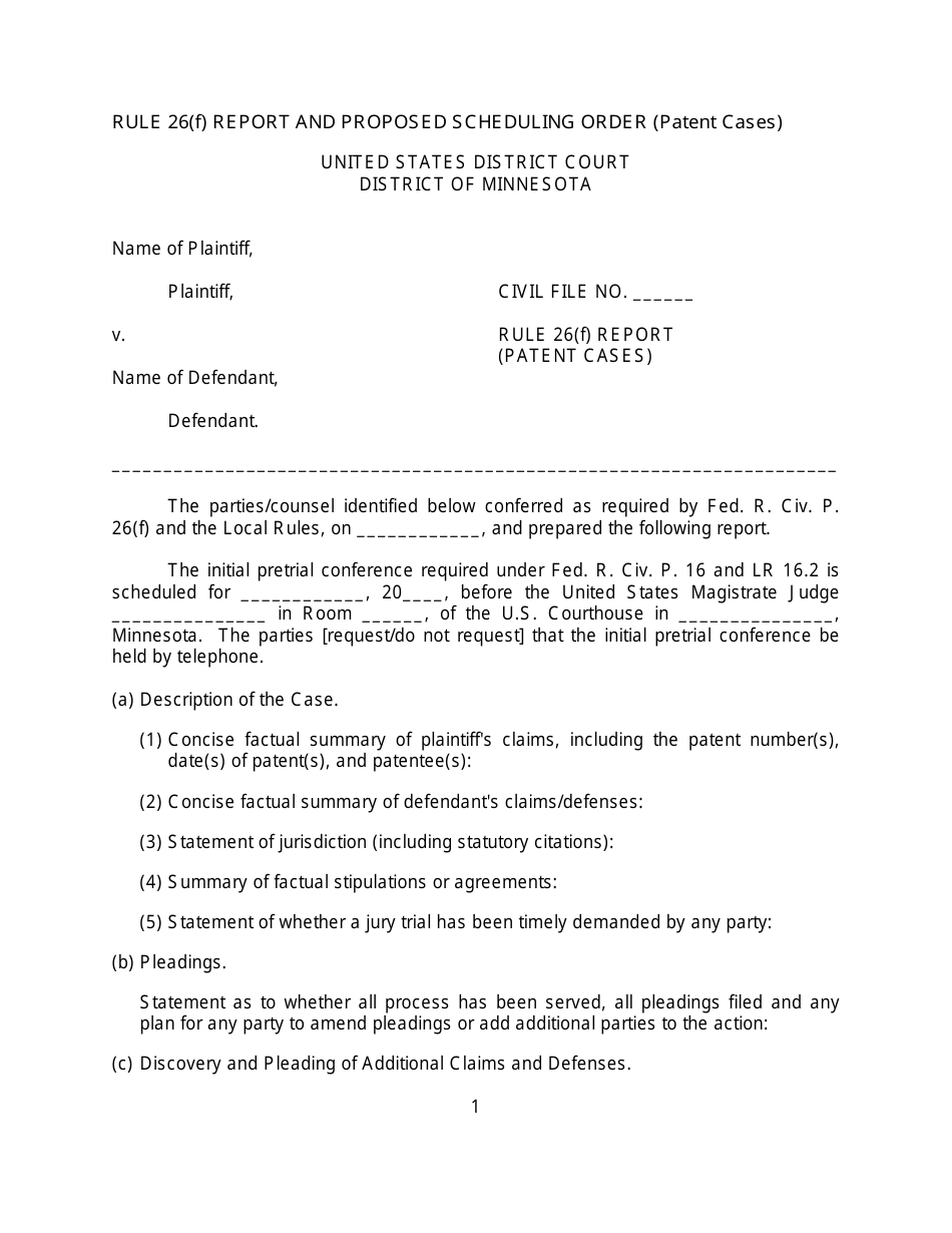 Rule 26(F) Report and Proposed Scheduling Order Form (Patent Cases) - Minnesota, Page 1