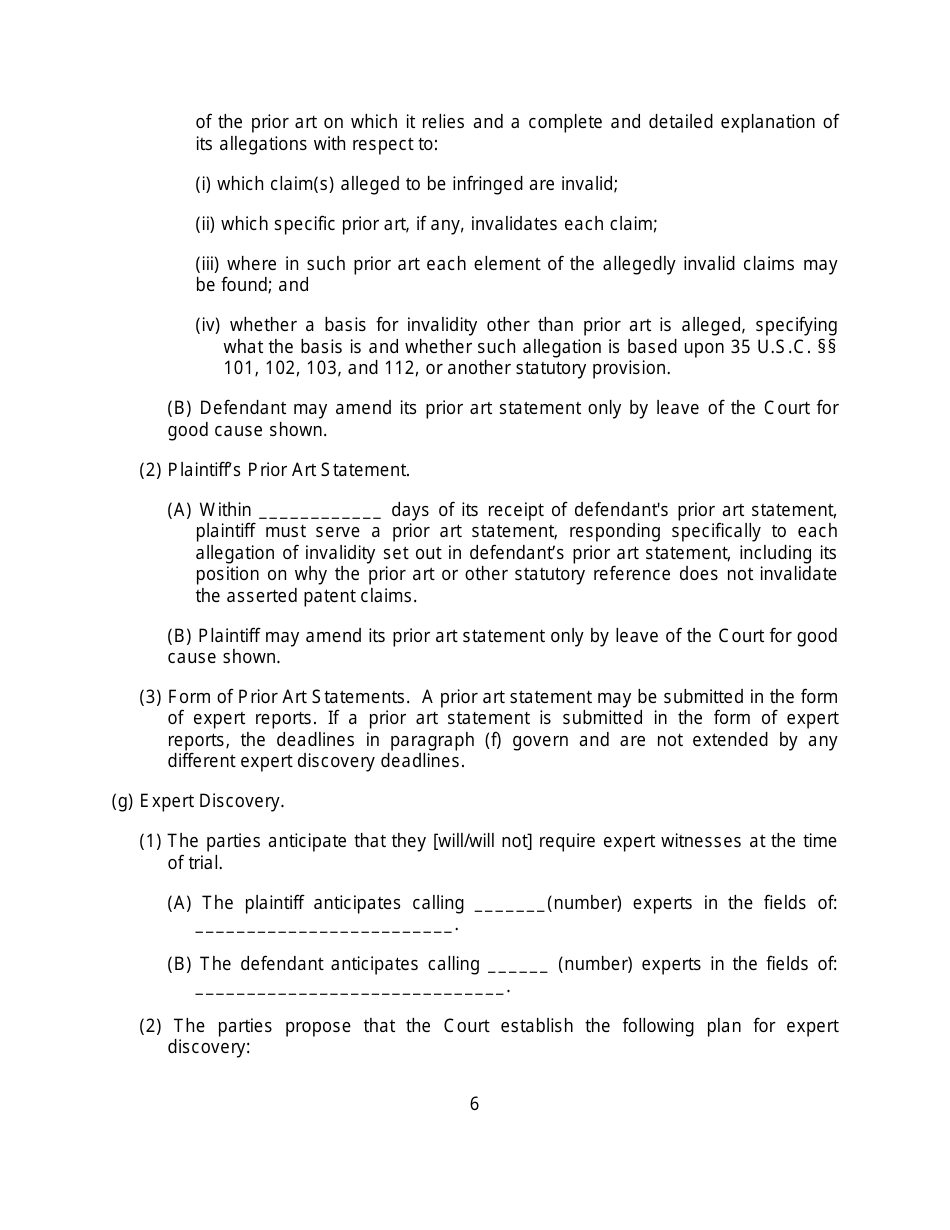 Rule 26(F) Report and Proposed Scheduling Order Form (Patent Cases) - Minnesota, Page 6