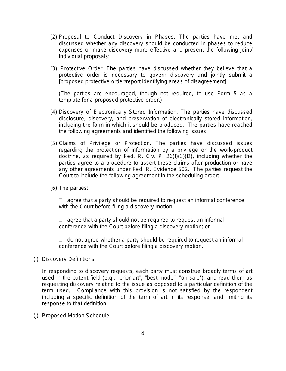 Rule 26(F) Report and Proposed Scheduling Order Form (Patent Cases) - Minnesota, Page 8