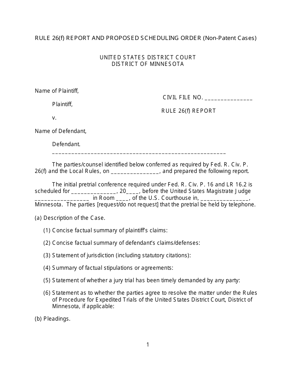 Rule 26(F) Report and Proposed Scheduling Order Form (Non-patent Cases) - Minnesota, Page 1