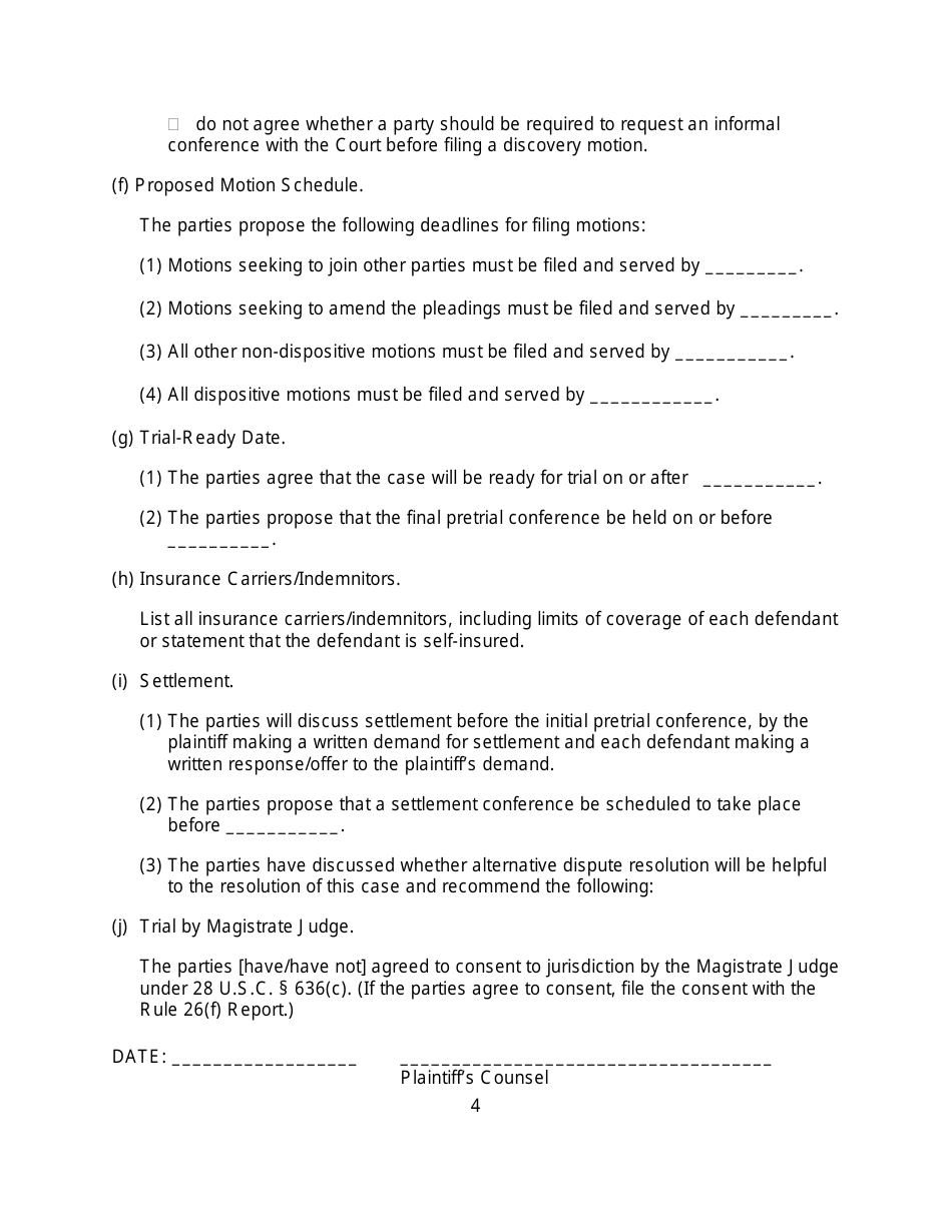Rule 26(F) Report and Proposed Scheduling Order Form (Non-patent Cases) - Minnesota, Page 4