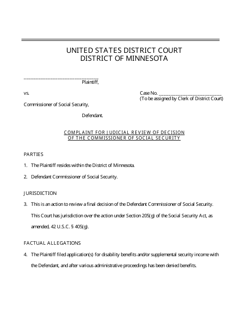 Complaint for Judicial Review of Decision of the Commissioner of Social Security - Minnesota Download Pdf