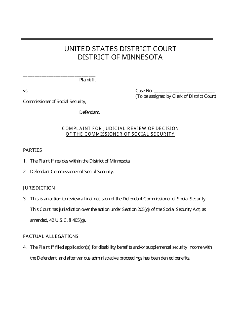 Complaint for Judicial Review of Decision of the Commissioner of Social Security - Minnesota, Page 1