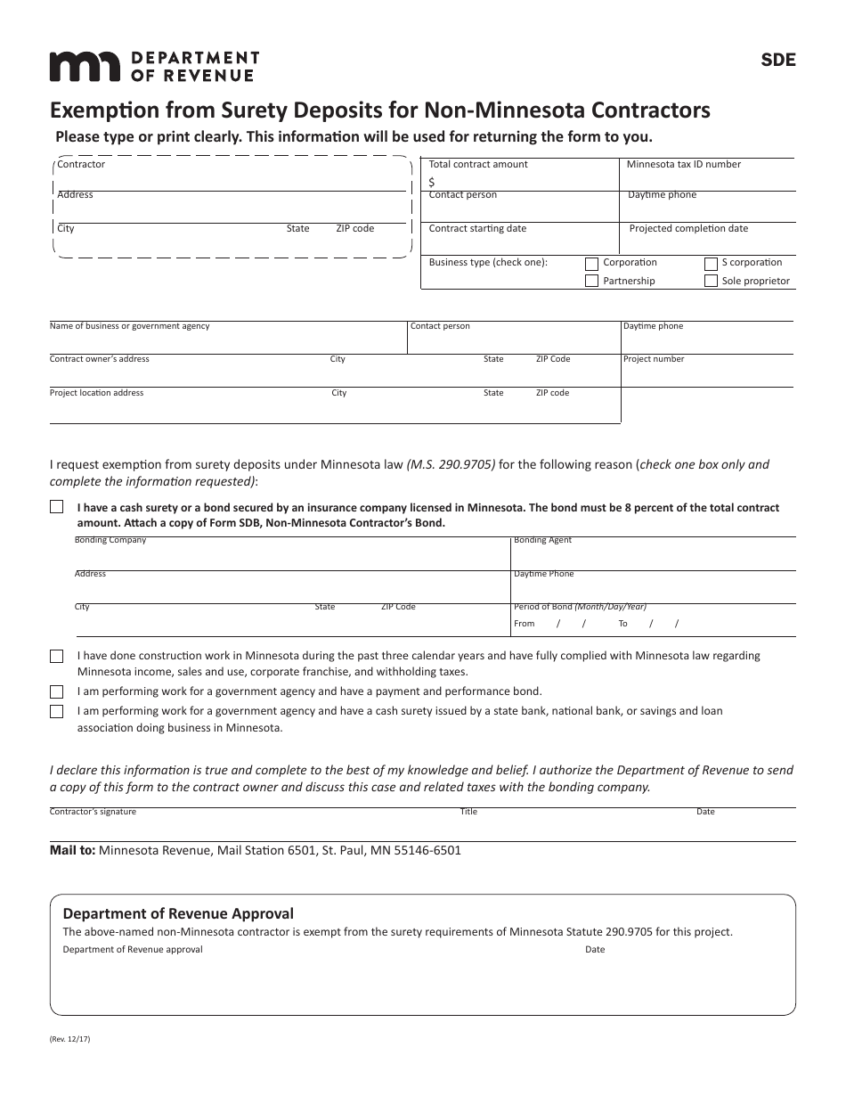 Form SDE Exemption From Surety Deposits for Non-minnesota Contractors - Minnesota, Page 1