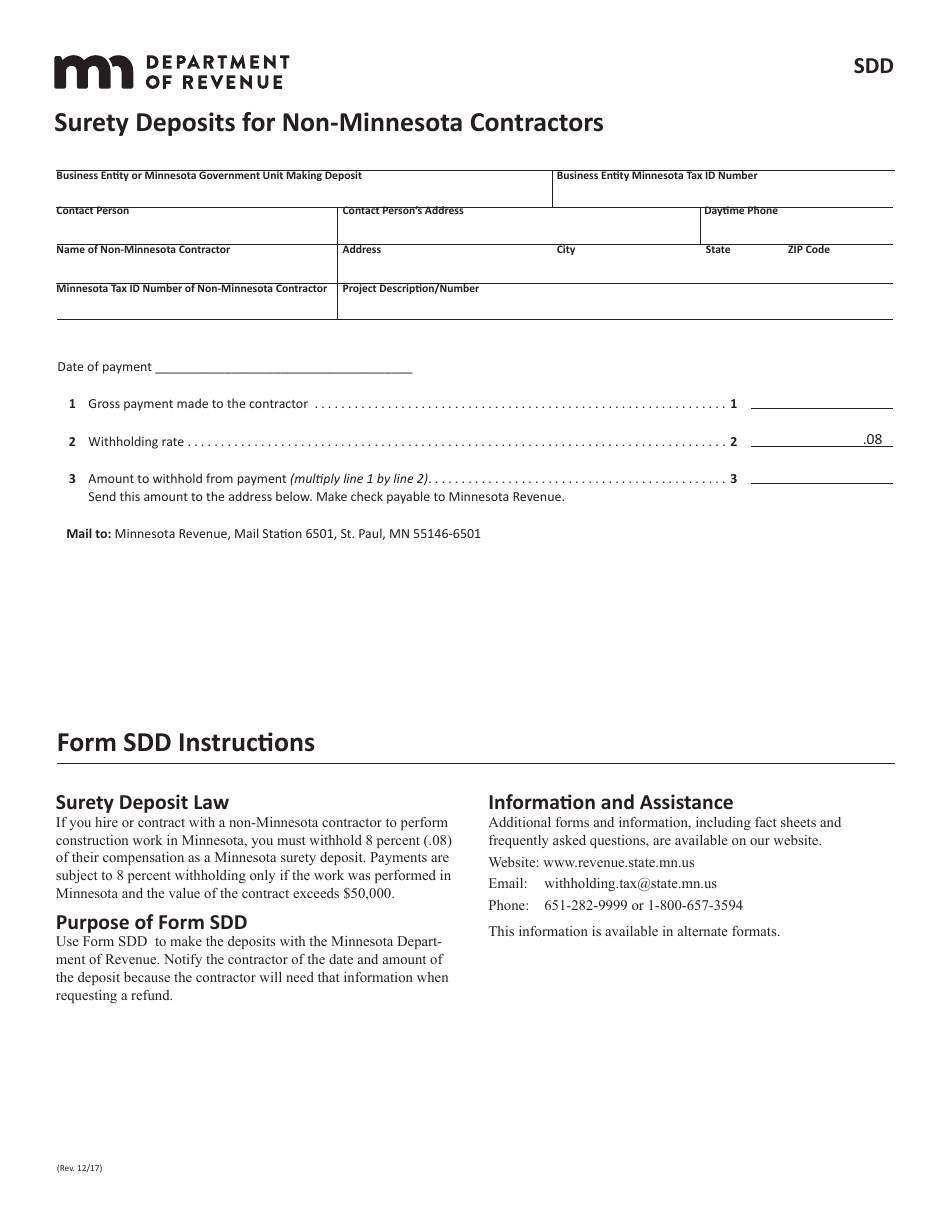 Form SDD Surety Deposits for Non-minnesota Contractors - Minnesota, Page 1