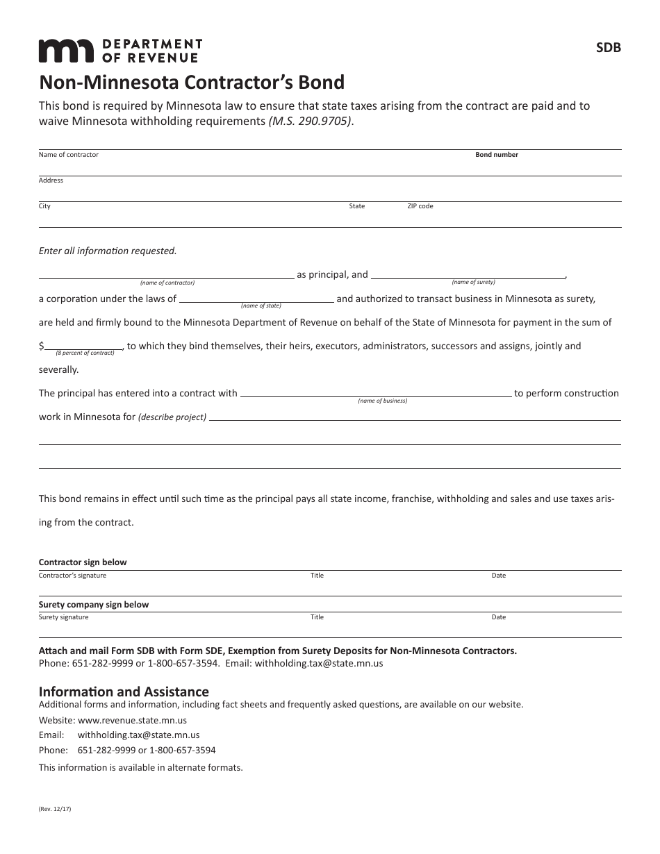 Form SDB Non-minnesota Contractors Bond - Minnesota, Page 1