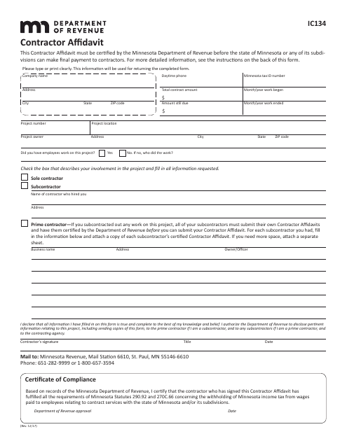 Form IC134 Contractor Affidavit - Minnesota