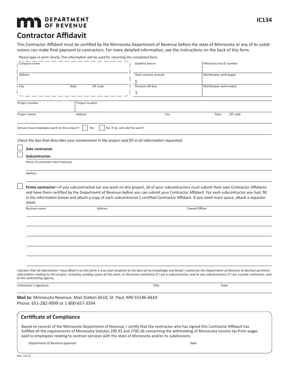 Form IC134 Contractor Affidavit - Minnesota, Page 1