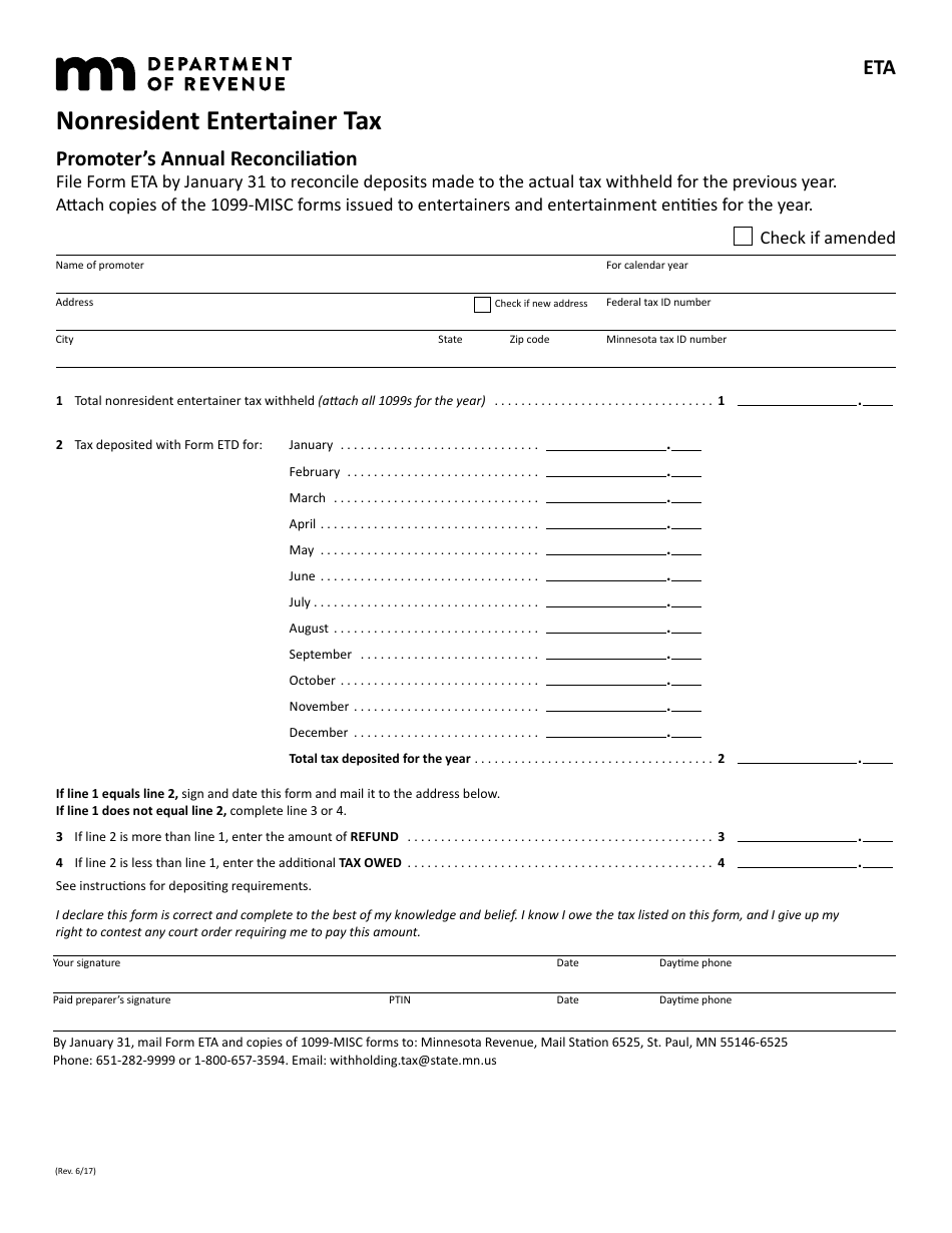 Form ETA Nonresident Entertainer Tax Promoters Annual Reconciliation - Minnesota, Page 1