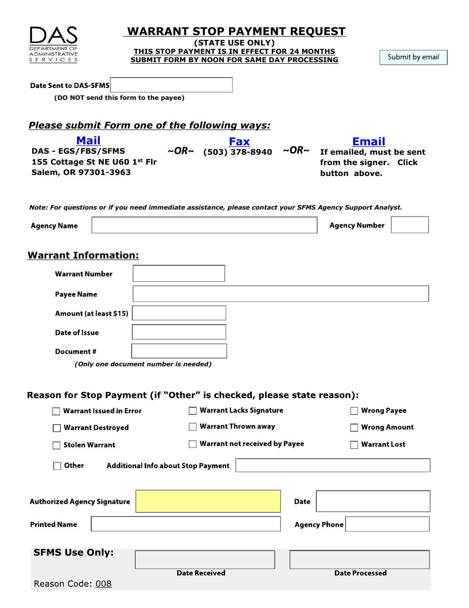 Warrant Stop Payment Request Form (State Only) - Oregon, Page 1