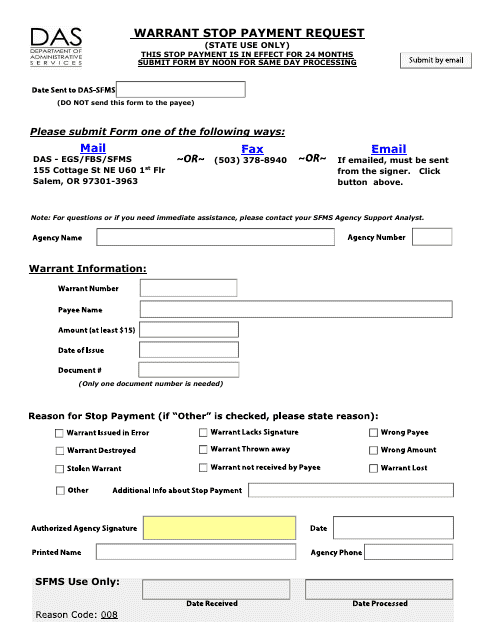 Warrant Stop Payment Request Form (State Only) - Oregon