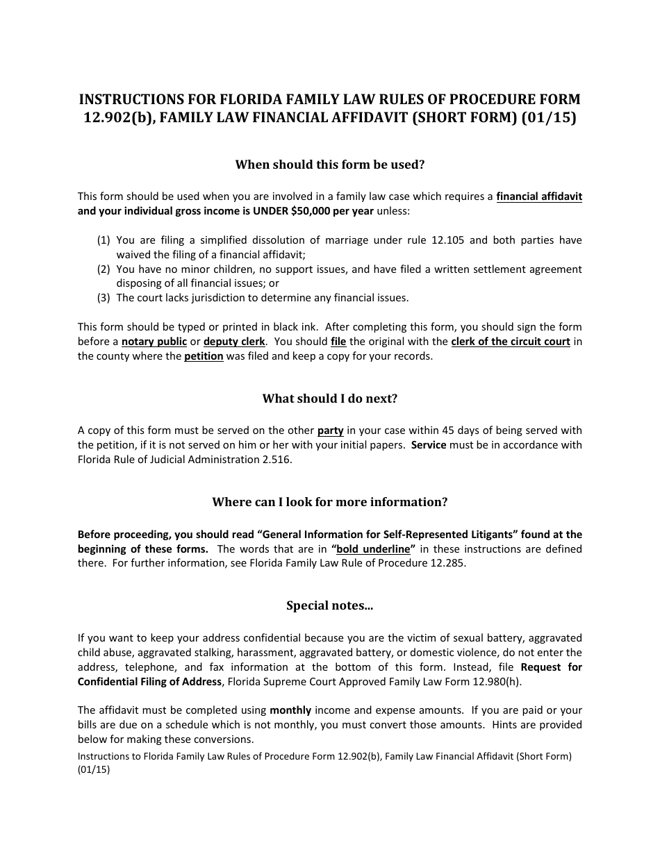 Form 12.902(B) Family Law Financial Affidavit (Short Form) - Florida, Page 1