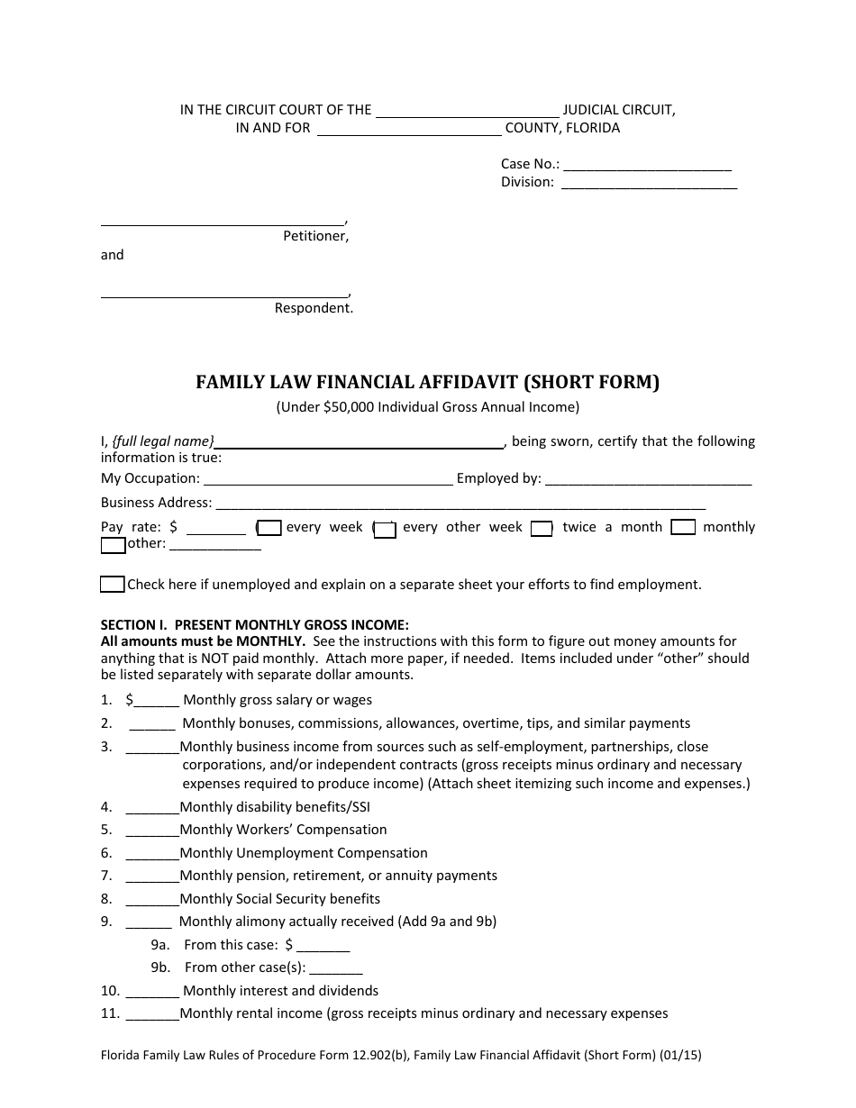 Form 12.902(B) Family Law Financial Affidavit (Short Form) - Florida, Page 3