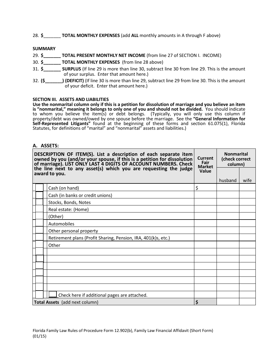 Form 12.902(B) Family Law Financial Affidavit (Short Form) - Florida, Page 6
