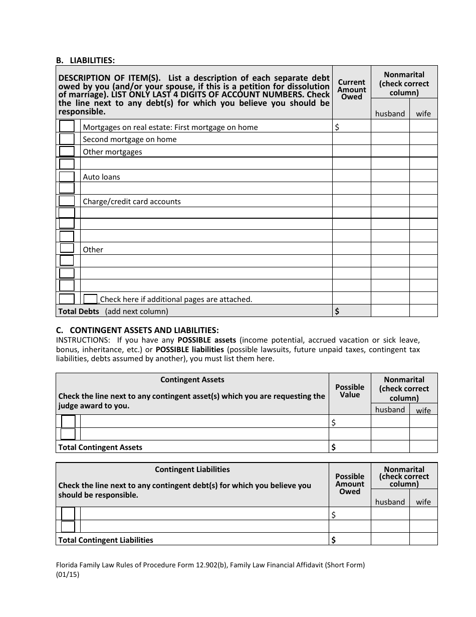Form 12.902(B) Family Law Financial Affidavit (Short Form) - Florida, Page 7