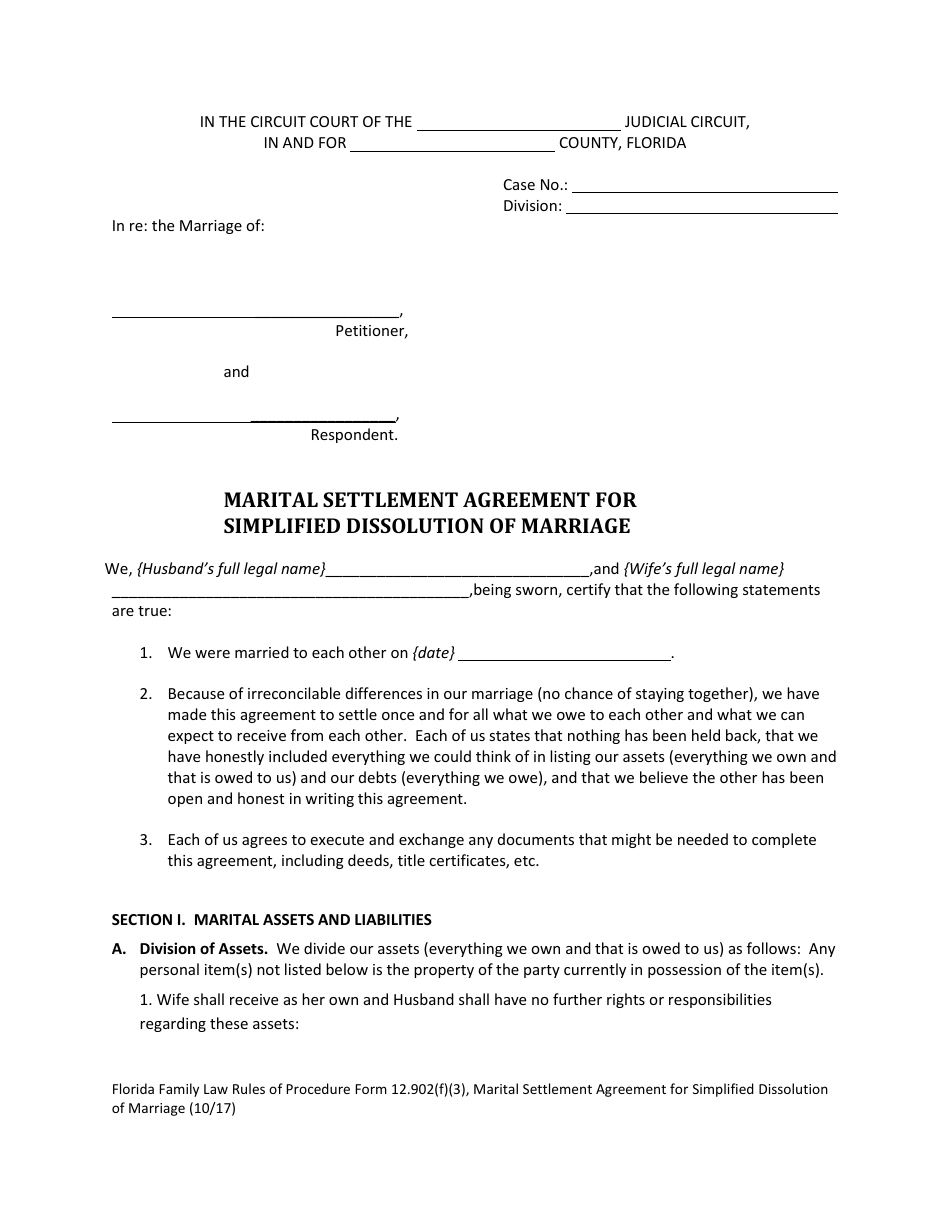 Form 12.902(F)(3) Marital Settlement Agreement for Simplified Dissolution of Marriage - Florida, Page 2