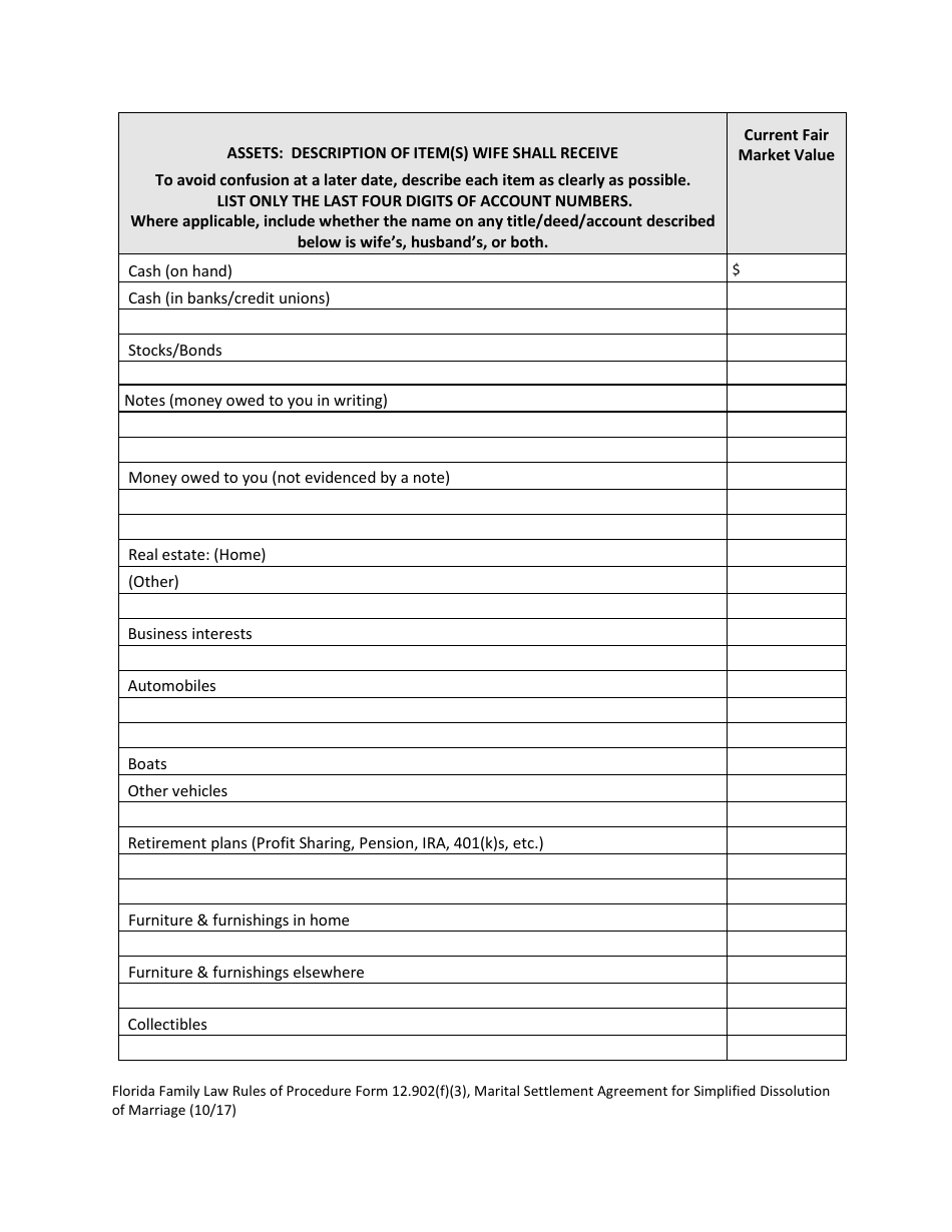 Form 12.902(F)(3) Marital Settlement Agreement for Simplified Dissolution of Marriage - Florida, Page 3