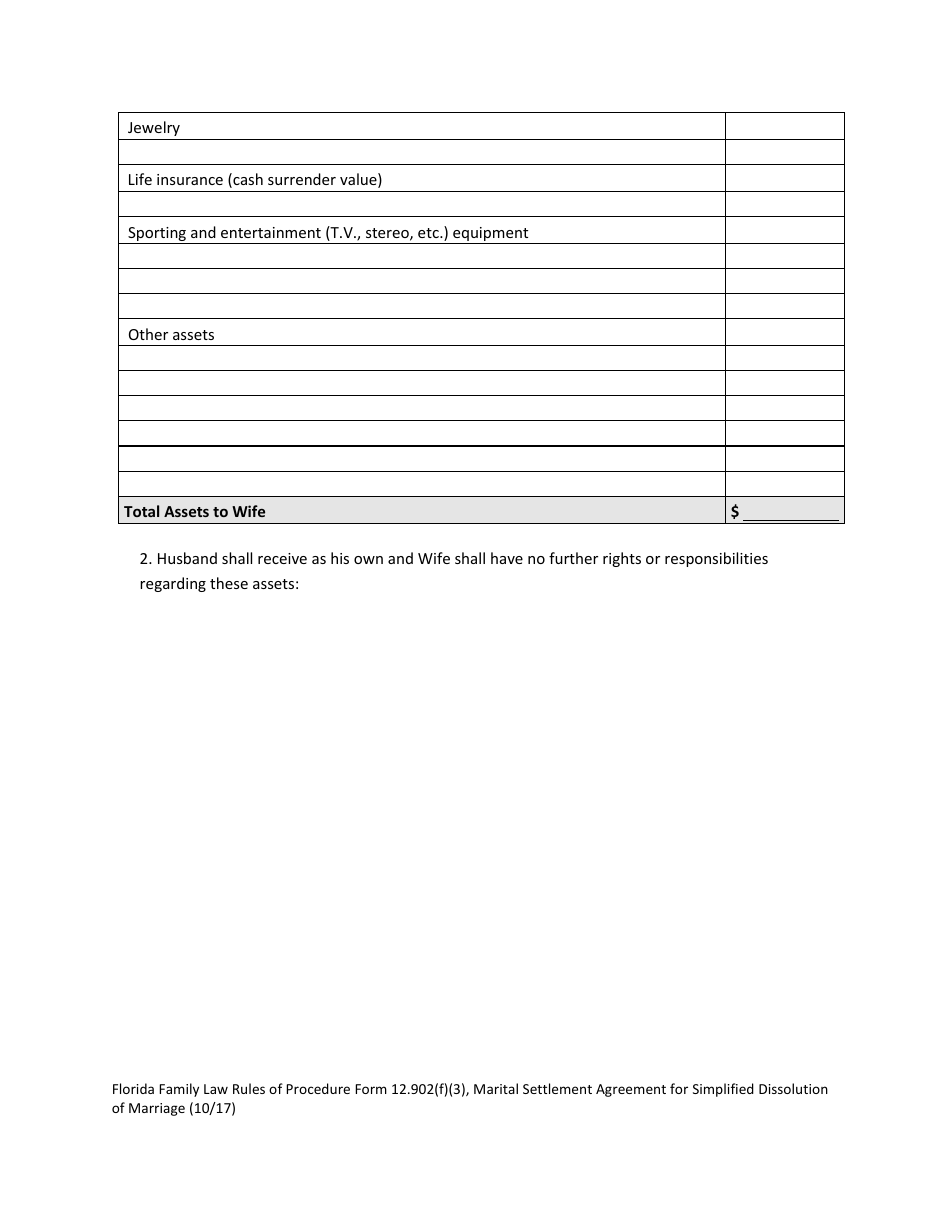 Form 12.902(F)(3) Marital Settlement Agreement for Simplified Dissolution of Marriage - Florida, Page 4