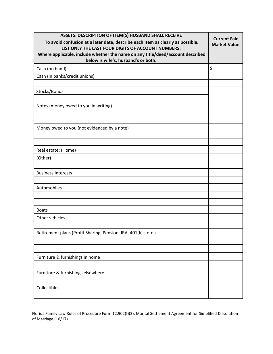 Form 12.902(F)(3) Marital Settlement Agreement for Simplified Dissolution of Marriage - Florida, Page 5