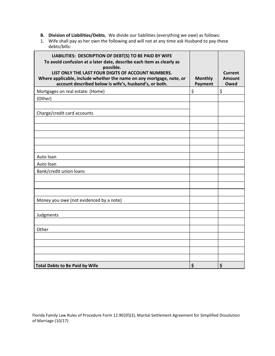 Form 12.902(F)(3) Marital Settlement Agreement for Simplified Dissolution of Marriage - Florida, Page 7