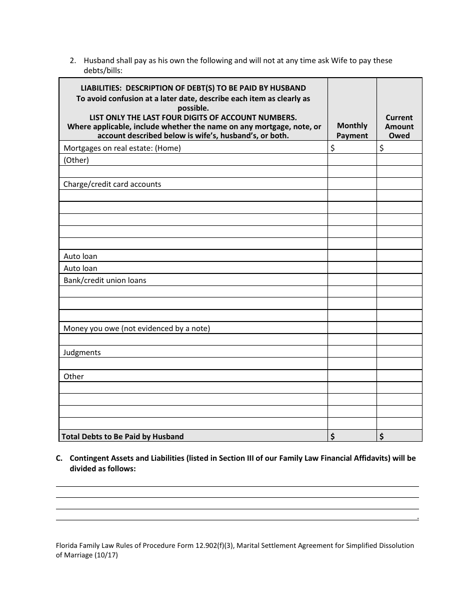 Form 12.902(F)(3) Marital Settlement Agreement for Simplified Dissolution of Marriage - Florida, Page 8