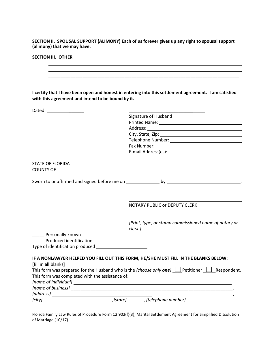 Form 12.902(F)(3) Marital Settlement Agreement for Simplified Dissolution of Marriage - Florida, Page 9