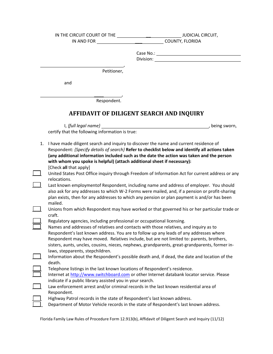 Form 12.913(B) Affidavit of Diligent Search and Inquiry - Florida, Page 2