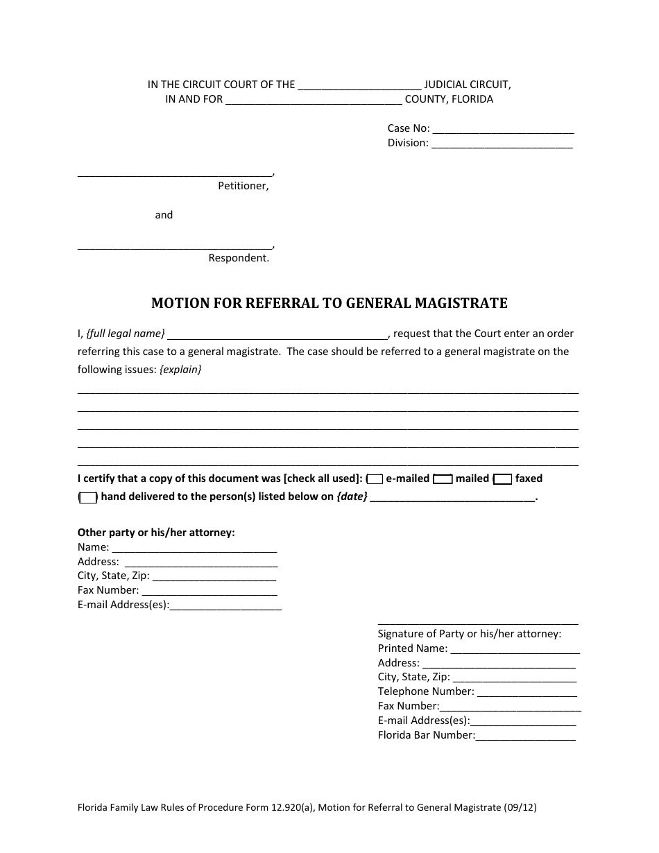 Form 12.920(A) Motion for Referral to General Magistrate - Florida, Page 3