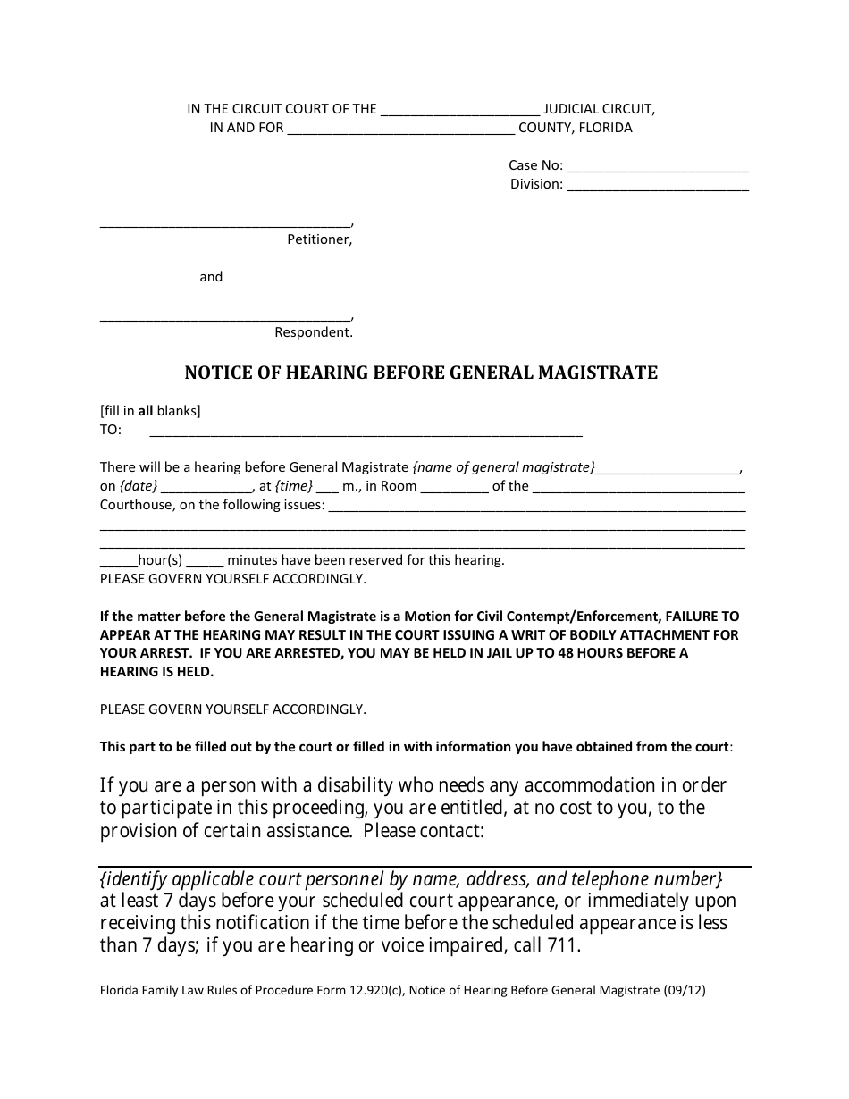 Form 12.920(C) Notice of Hearing Before General Magistrate - Florida, Page 3