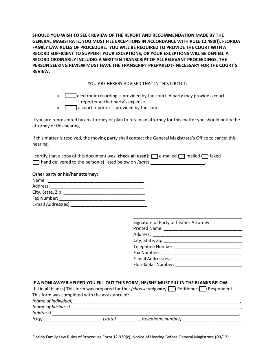 Form 12.920(C) Notice of Hearing Before General Magistrate - Florida, Page 4