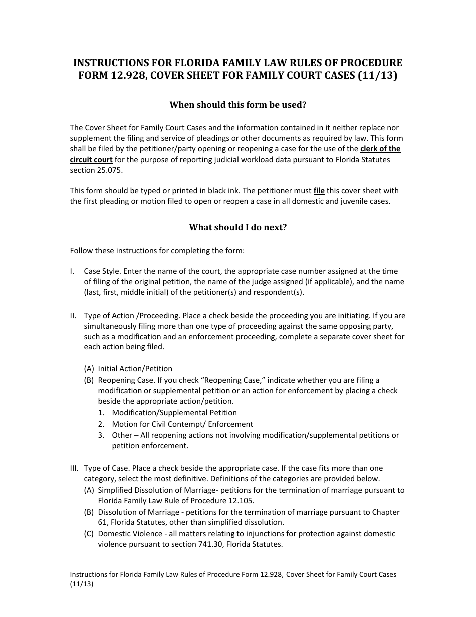 Form 12.928 Cover Sheet for Family Court Cases - Florida, Page 1