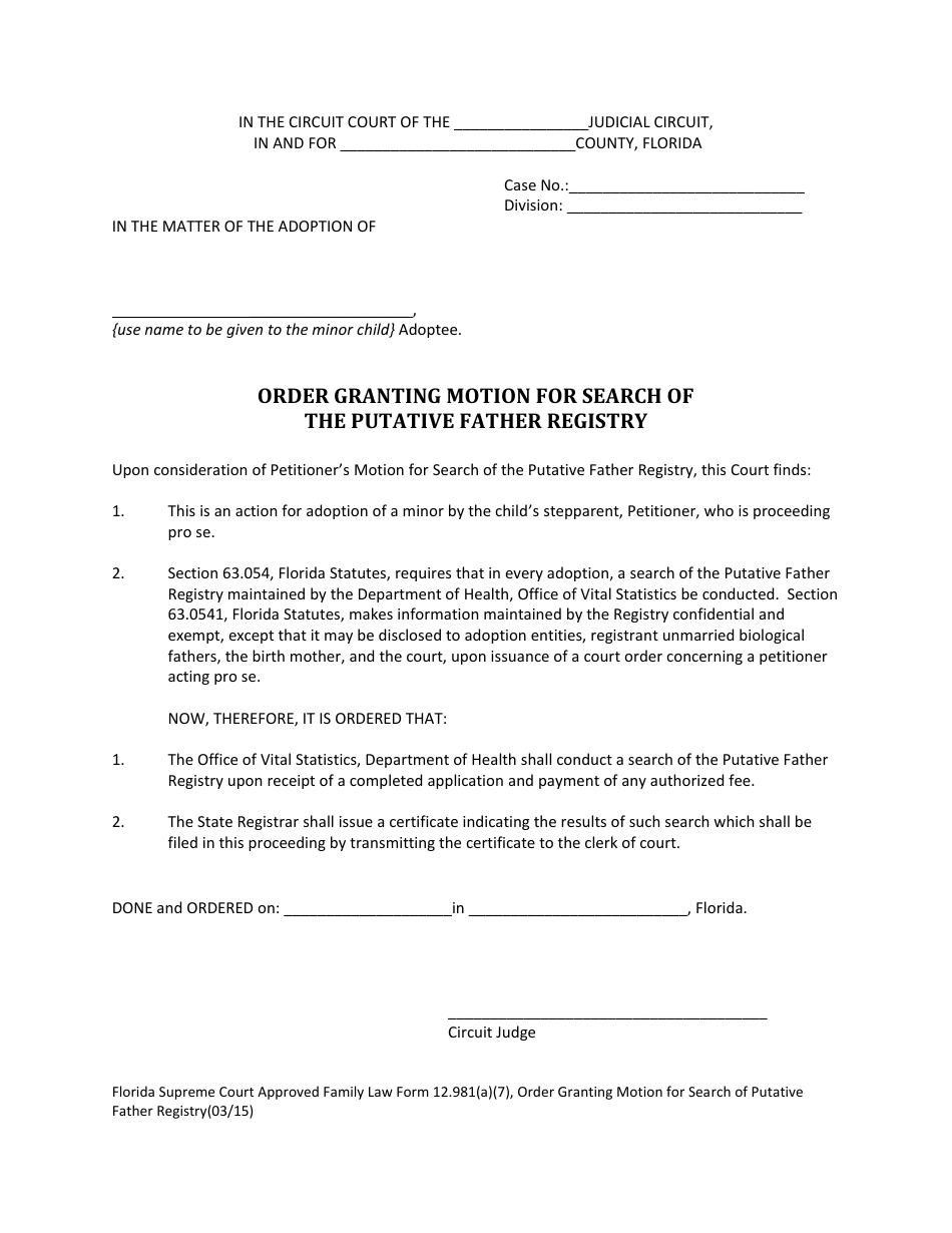 Form 12.981(A)(7) Order Granting Motion for Search of the Putative Father Registry - Florida, Page 1