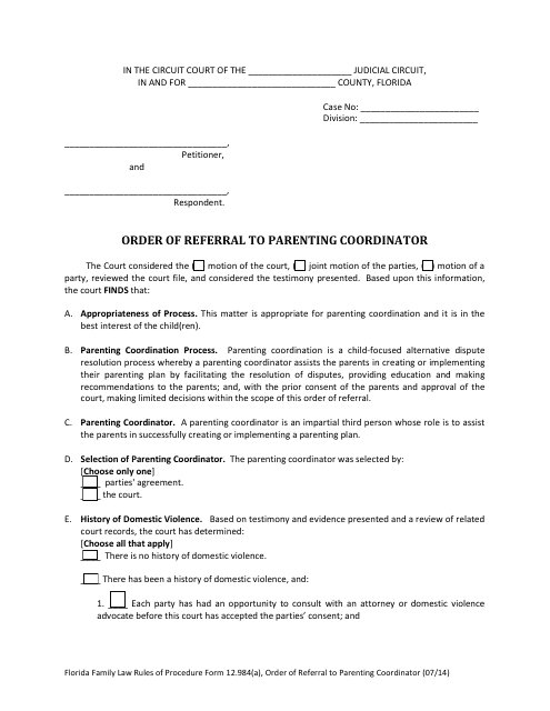 Form 12.984(A) Order of Referral to Parenting Coordinator - Florida