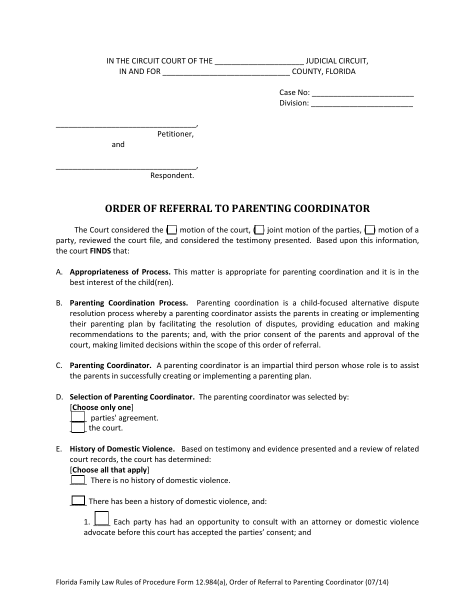 Form 12.984(A) Order of Referral to Parenting Coordinator - Florida, Page 1