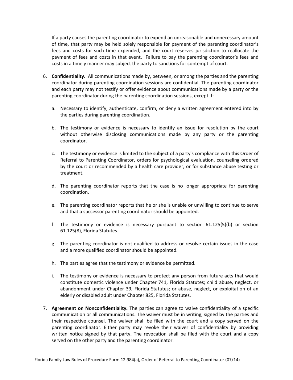 Form 12.984(A) Order of Referral to Parenting Coordinator - Florida, Page 4