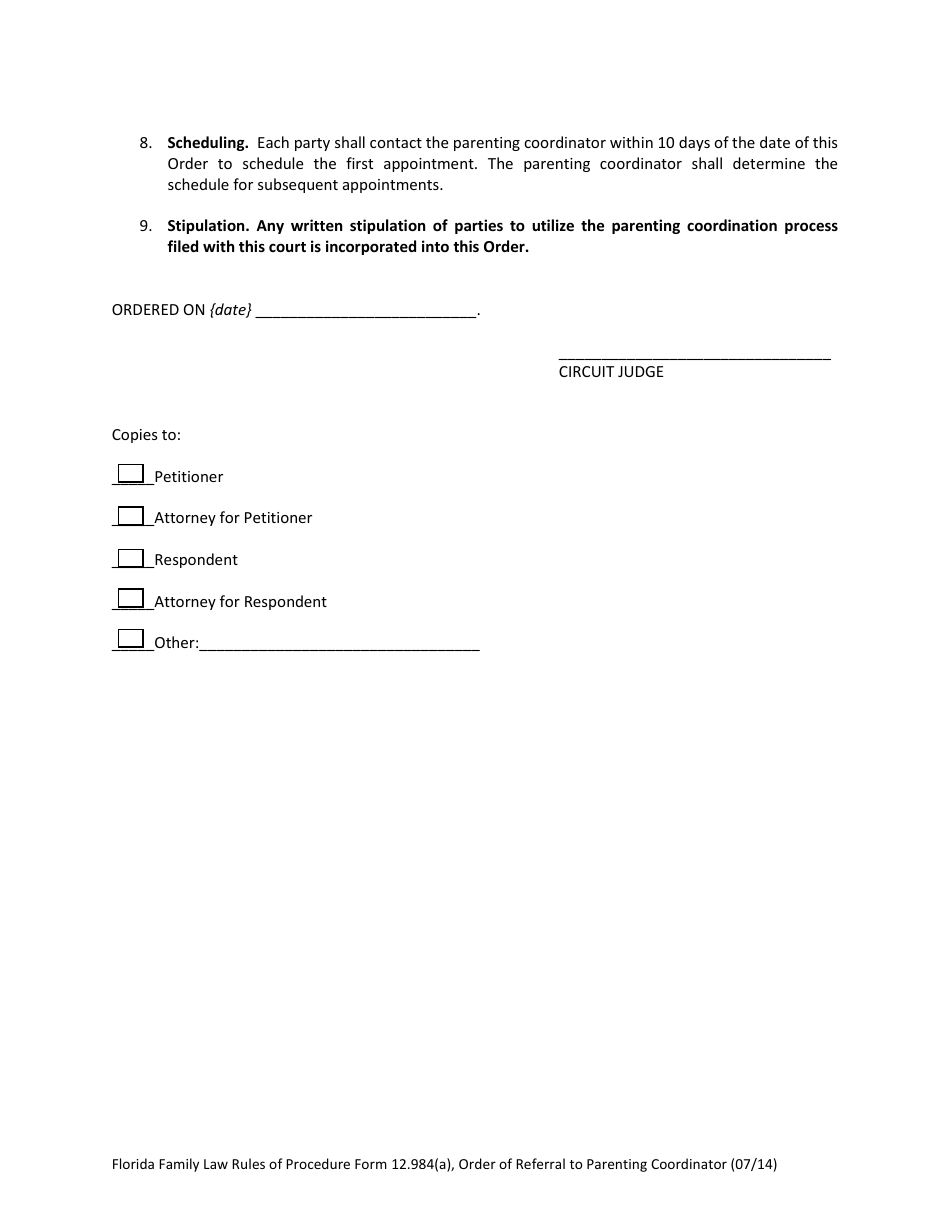 Form 12.984(A) Order of Referral to Parenting Coordinator - Florida, Page 5