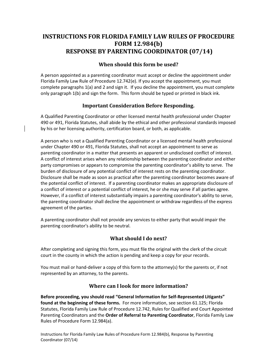 Form 12.984(B) Response by Parenting Coordinator - Florida, Page 1