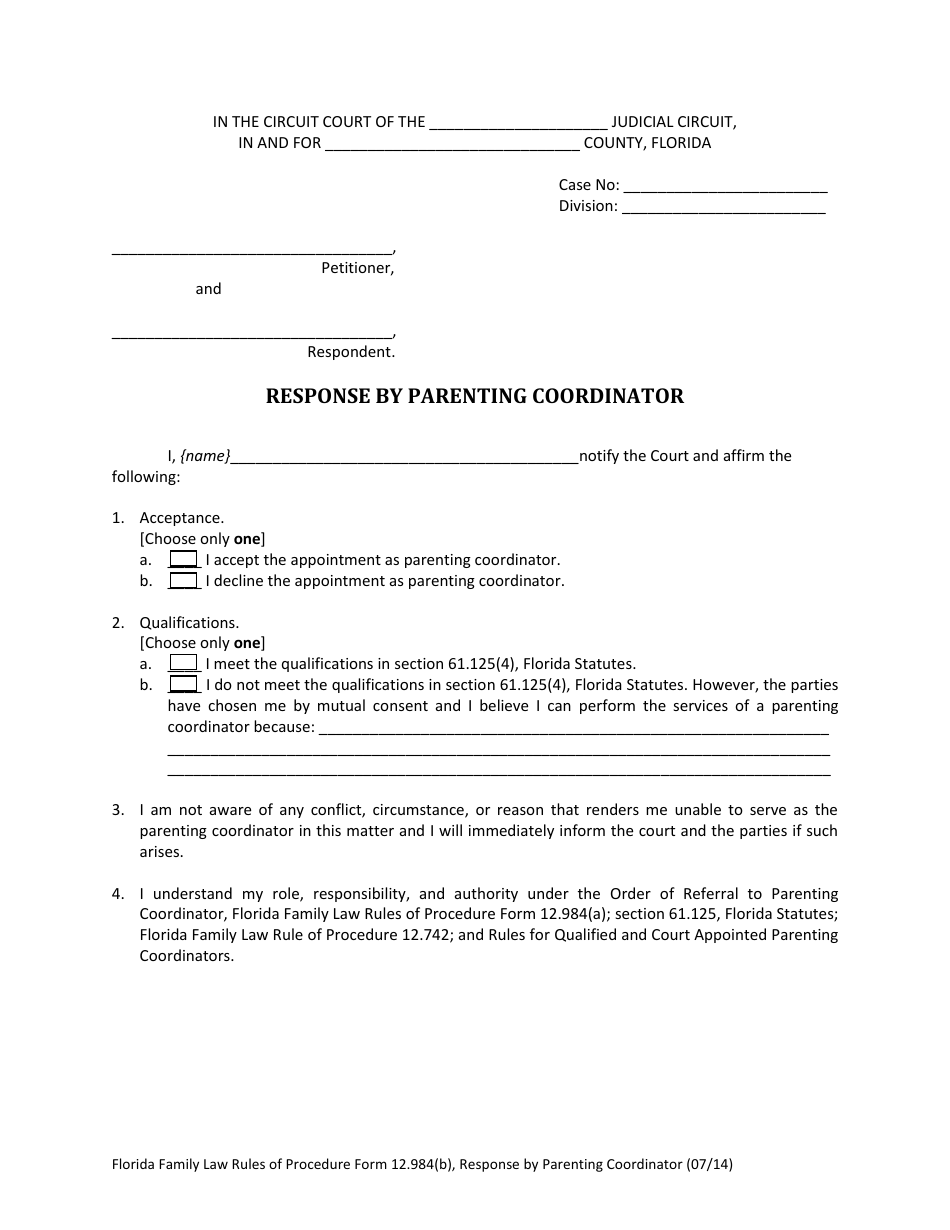 Form 12.984(B) Response by Parenting Coordinator - Florida, Page 3