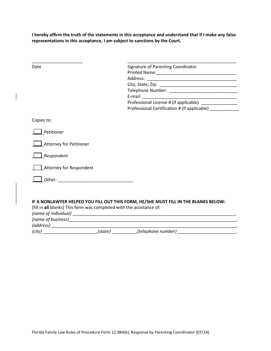 Form 12.984(B) Response by Parenting Coordinator - Florida, Page 4
