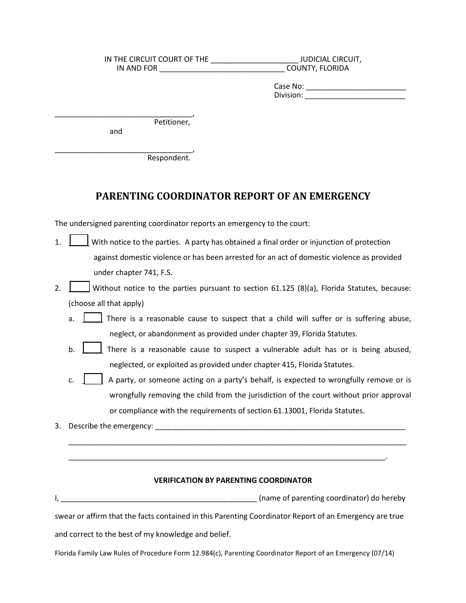 Form 12.984(C) Parenting Coordinator Report of an Emergency - Florida, Page 3