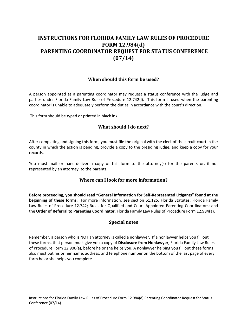 Form 12.984(D) Parenting Coordinator Request for Status Conference - Florida, Page 1