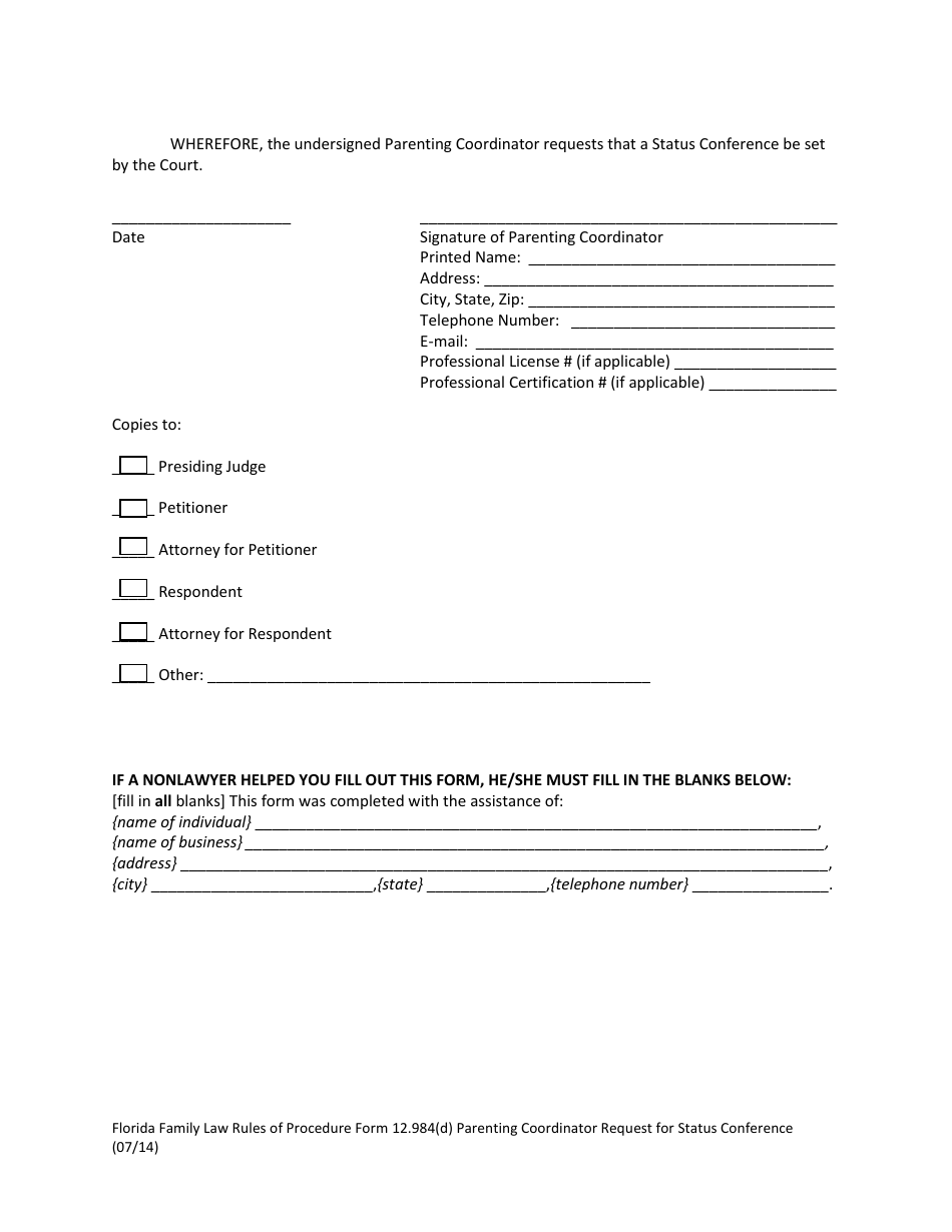 Form 12.984(D) Parenting Coordinator Request for Status Conference - Florida, Page 3