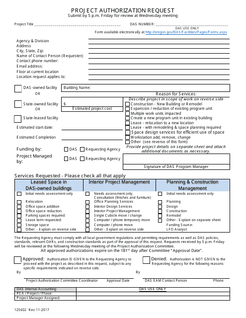 Form 125602 Project Authorization Request - Oregon