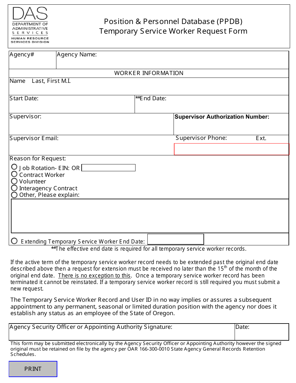 Position  Personnel Database (Ppdb) Temporary Service Worker Request Form - Oregon, Page 1
